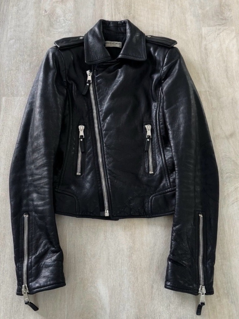 Balenciaga Black Leather Asymmetrical Zip Biker Jacket